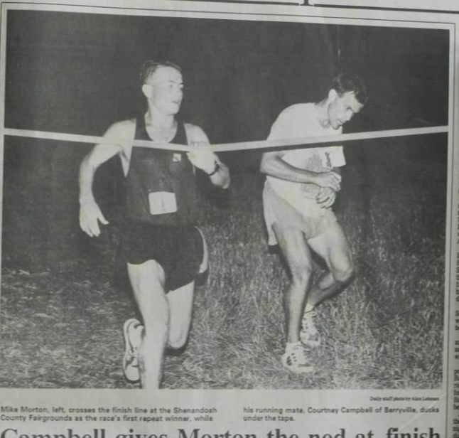 Newspaper photo at finish line with Mike Morton and Courtney Campbell
